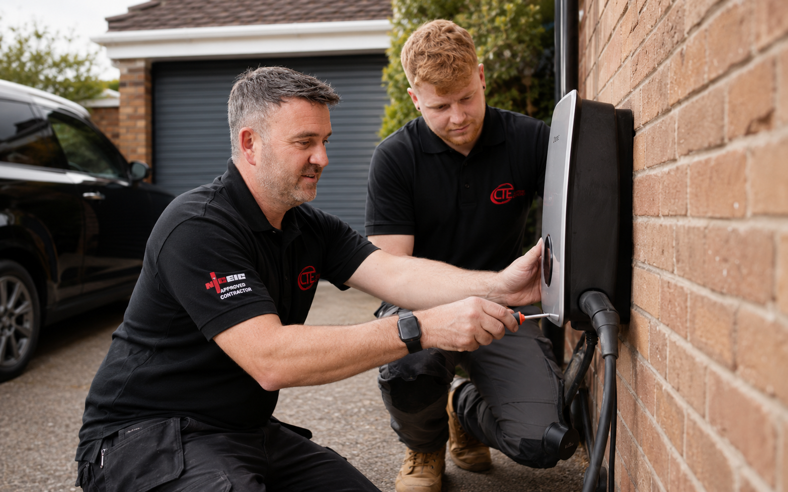 CTE electricians installing an EV charger at a domestic property