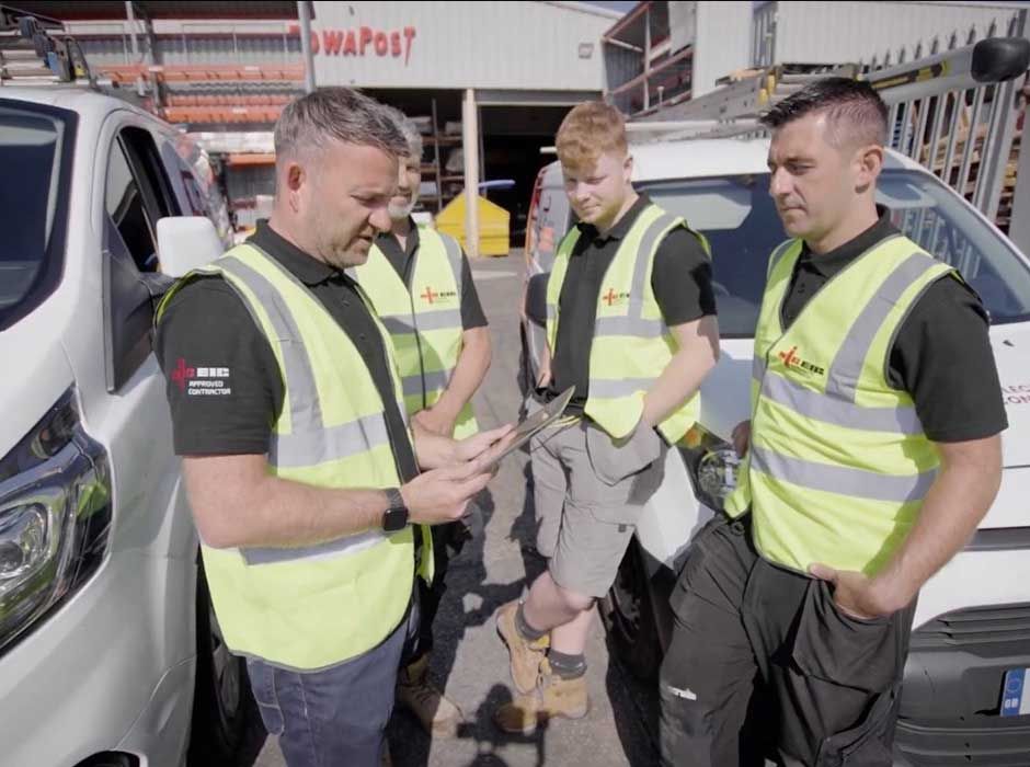 Chris Thompson, CTE Electrical Contractors’ MD, discussing a project with his team of expert electricians at their Barnsley headquarters.