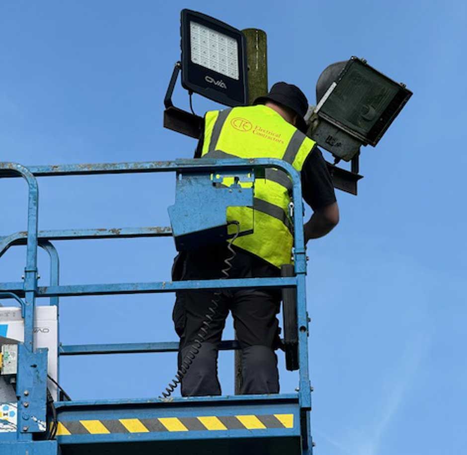 An upgraded energy-saving floodlighting system being installed by CTE Electrical Contractors at a Sports Club in Bradford