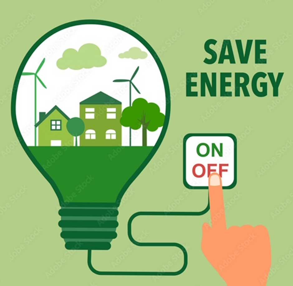 An infographic showcasing Energy Saving being switched on and a house in a light bulb with wind turbines behind it