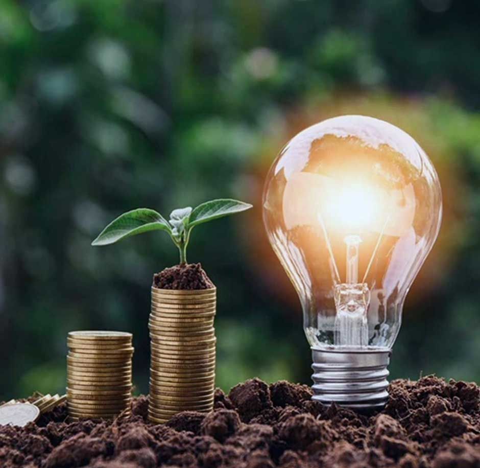Energy saving being demonstrated by a pile of coins, next to another pile of coins with a plant growing from it, next to a lit light bulb