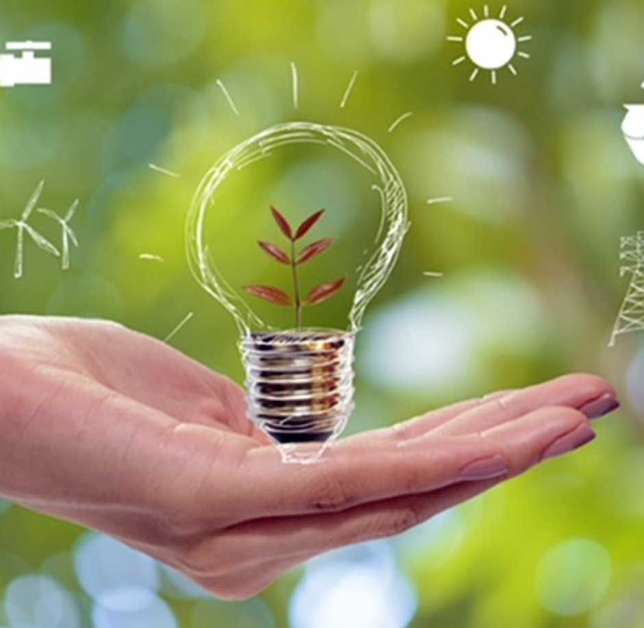 Image showcasing Energy Saving in Leeds with a lady's hand holding a line-drawn electric bulb with a plant growing inside it