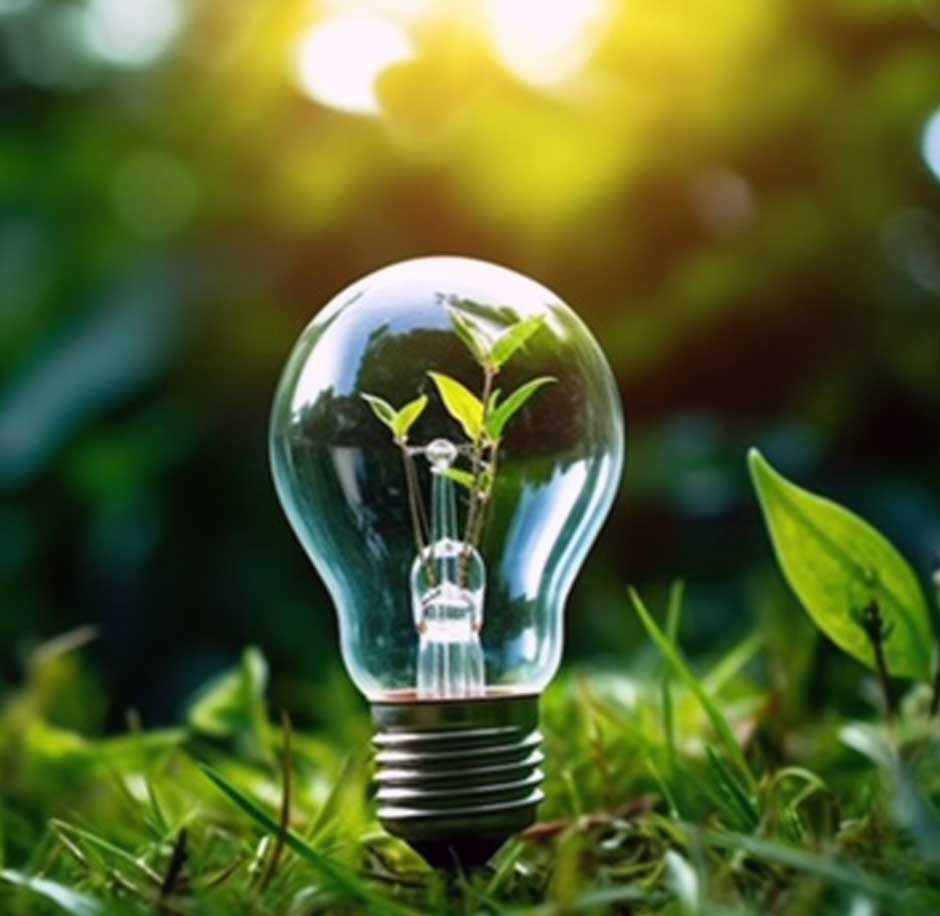 Commercial Energy Saving Upgrades in Sheffield illustrated by a lightbulb on some grass and plants growing within the bulb