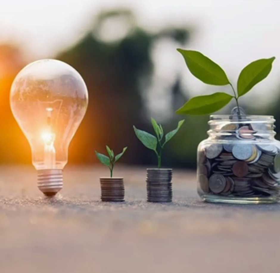 Image showcasing how Energy Saving Measures in Wakefield can add up. A lit lightbulb stands next to ever increasing amounts of coins with new plant shoots growing from them